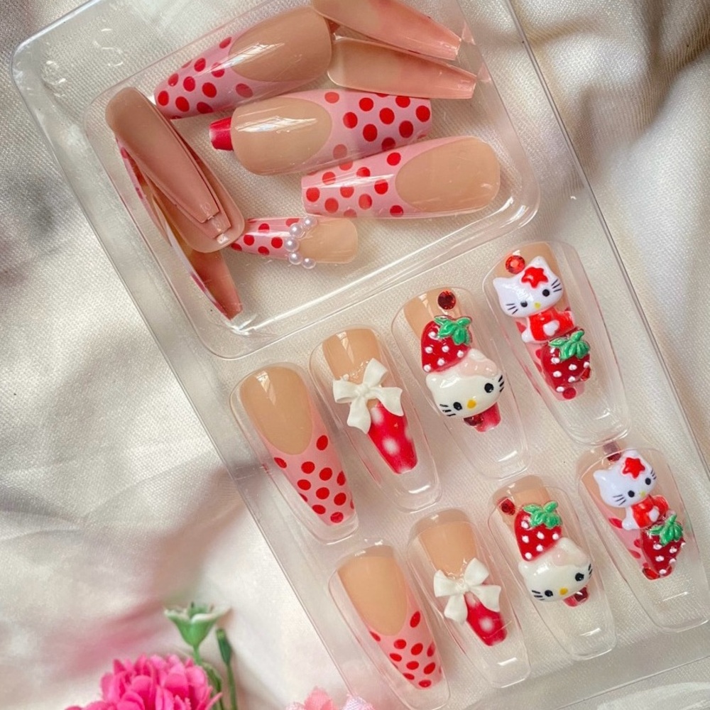 Hello Kitty 3D Bow Strawberry Red and Pink Polka Dots Long Press-on Nails